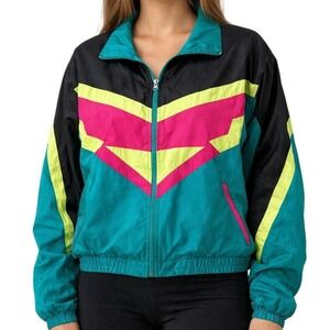 Vintage 90s Lavon Colorblock Windbreaker Jacket Neon Teal Pink Retro M Shell Vtg